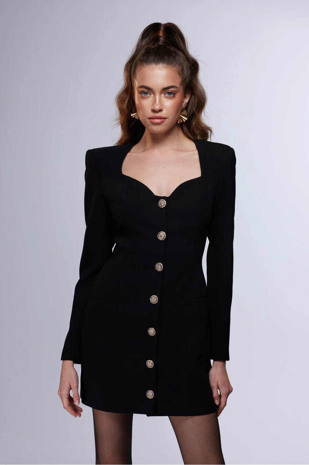 La Reine Dorée - Altın Düğme Detaylı Mini Elbise